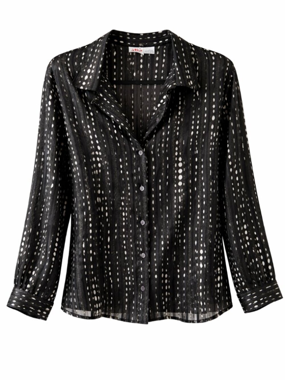 🪩 2/20 Alia Petites Black White Dot Stripe Sheer Button Up Blouse 14